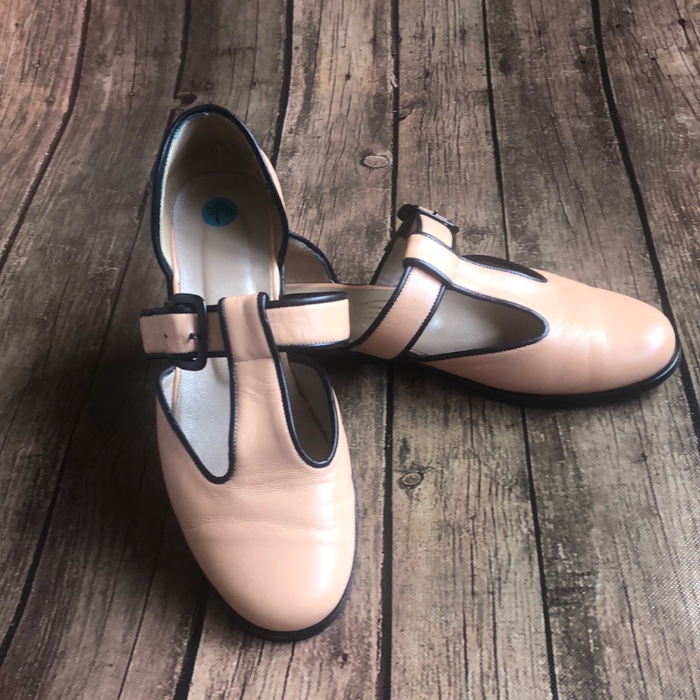 Women's Blush T-Strap Flats with Black Trim